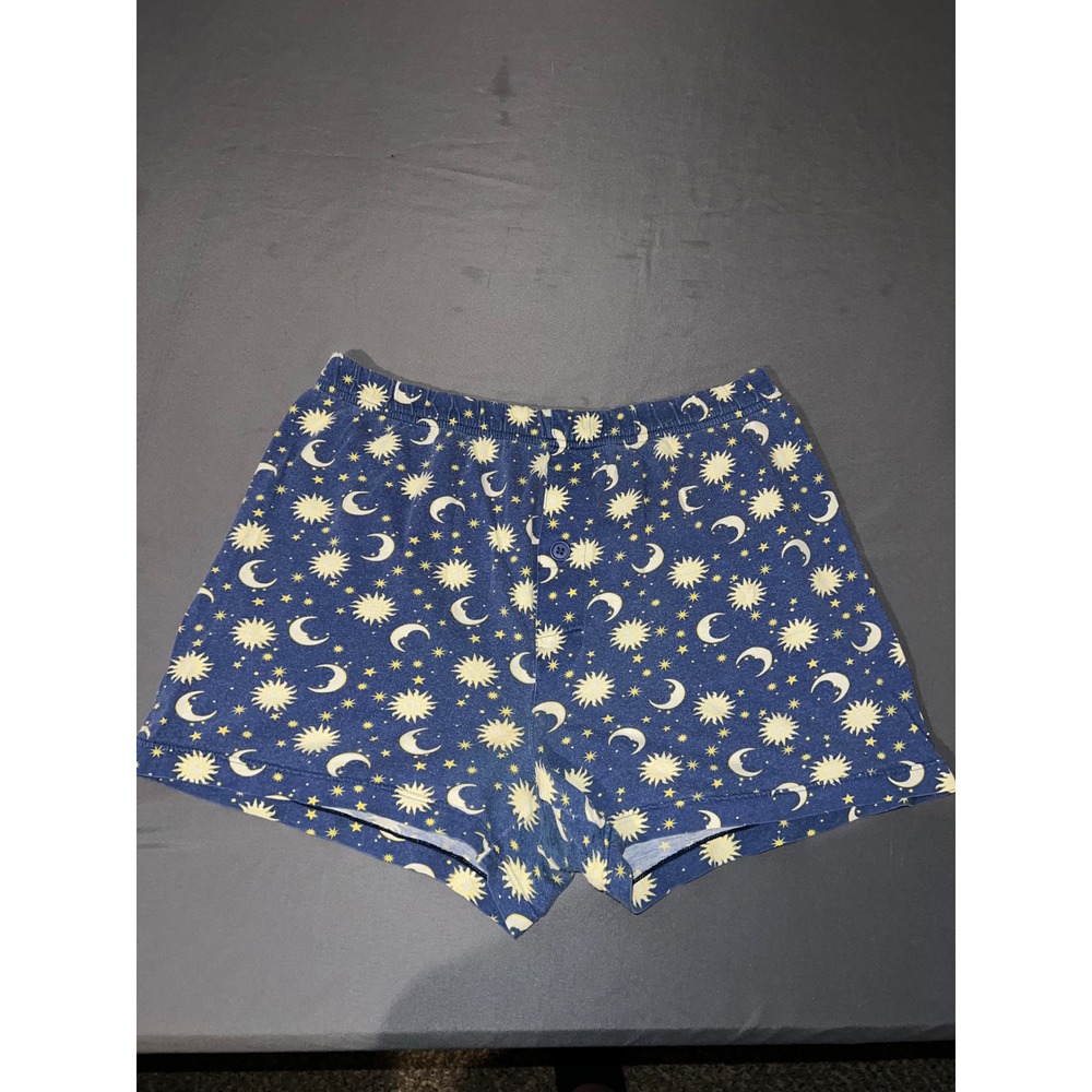 Briefly Stated Celestial Sun Moon Pajama Shorts Blue Yellow Large Cotton Blend